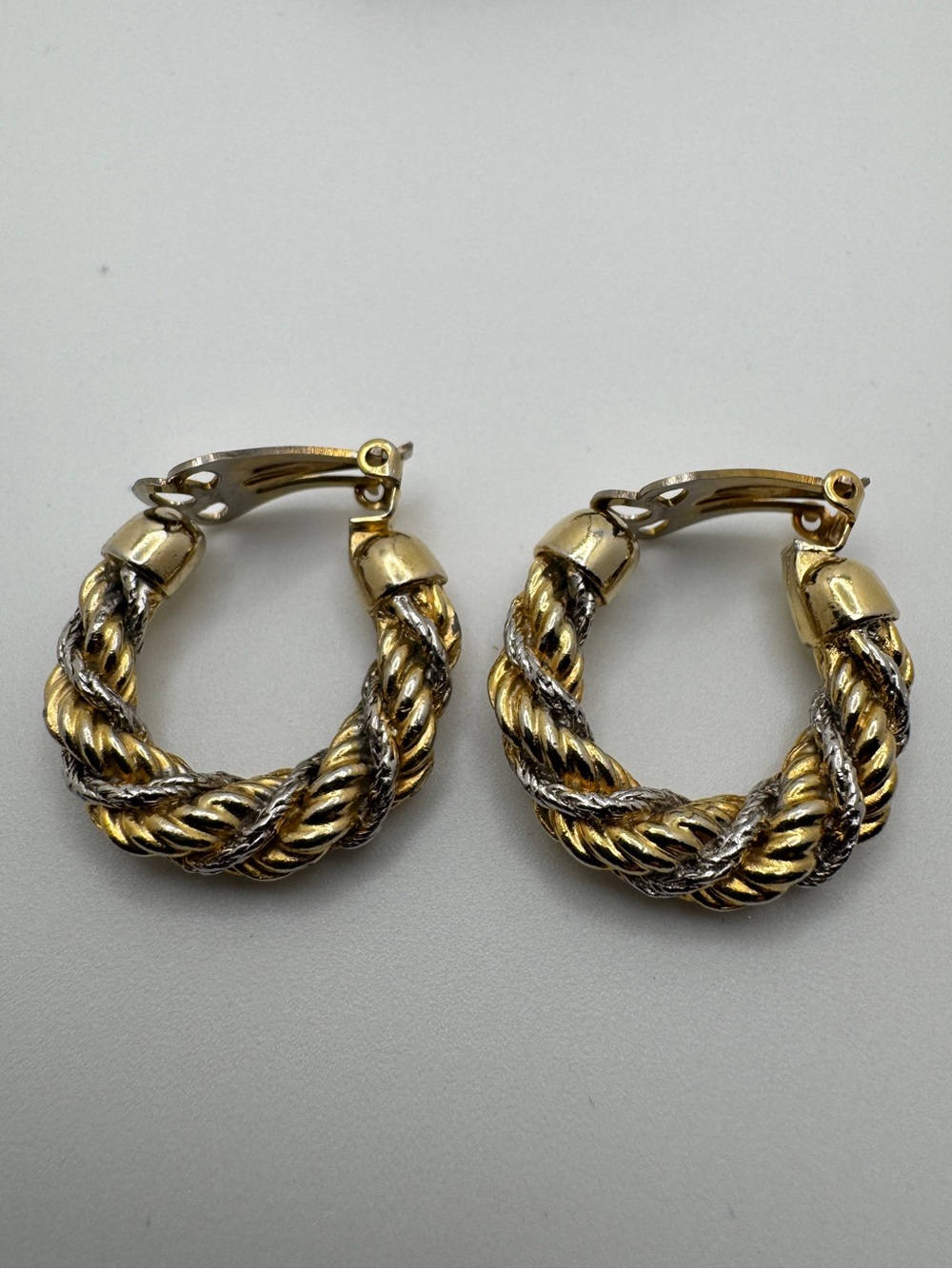 Two-Toned Silver and Gold Twisted Gold-Toned Rope Hoop Clip-On Earrings